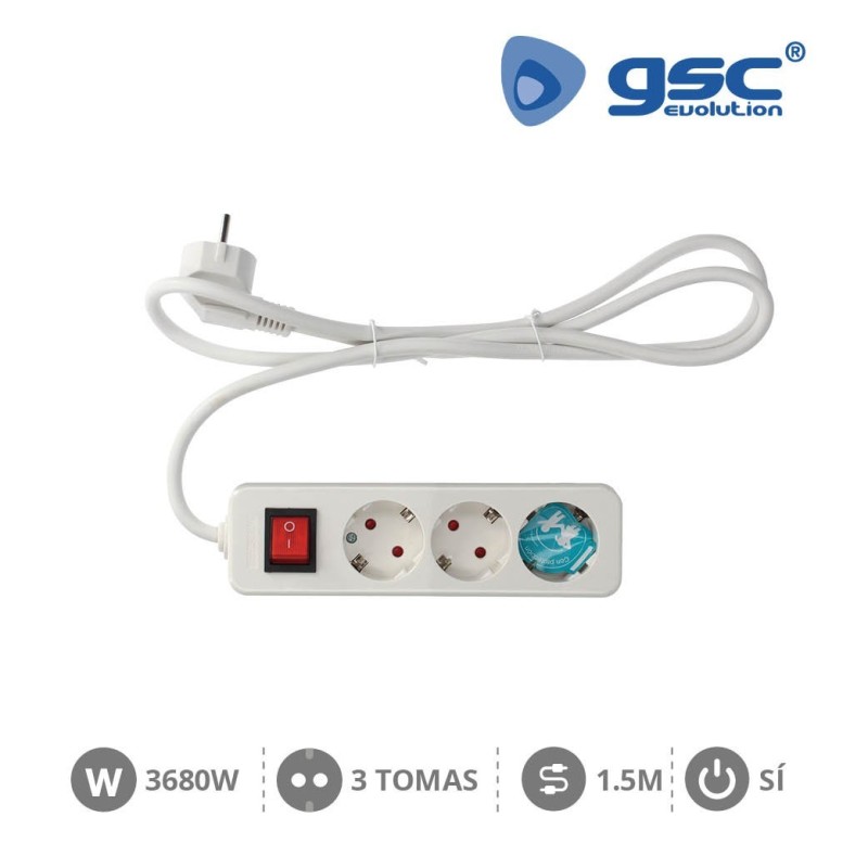 Base 3 Schuko + Interruptor + 1.5mts MEGA