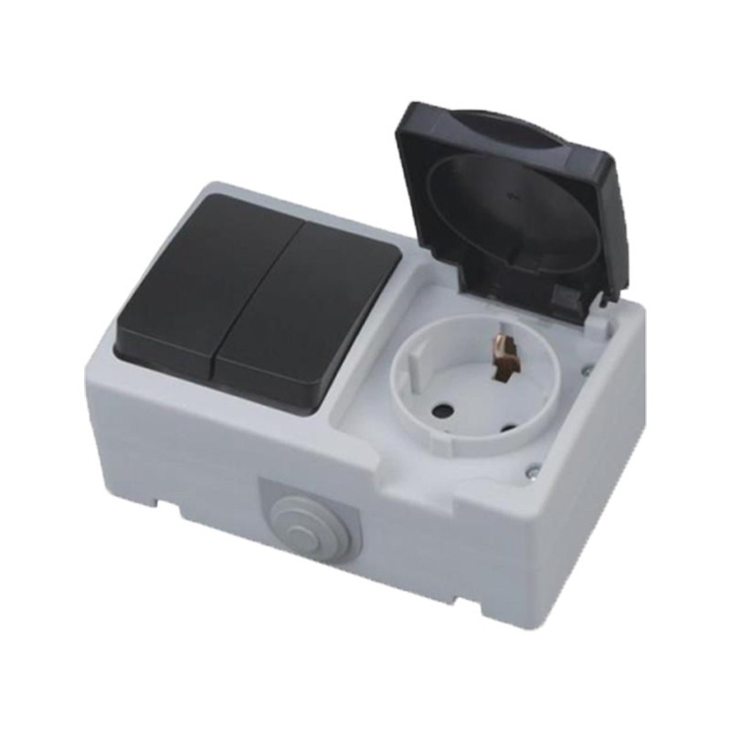 Doble Interruptor estanco + Base Schuko con Tapa HOROZ 112 100 0005